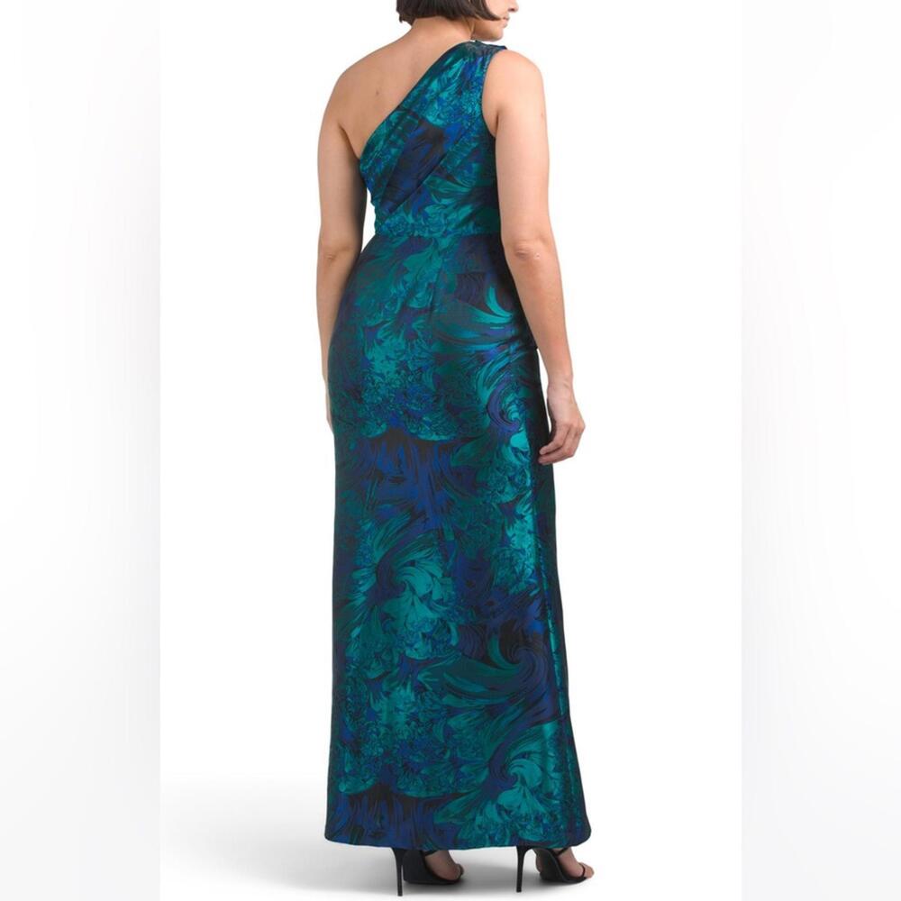 Adrianna Papell One Shoulder Jacquard Mermaid Gown Drape Detail Cobalt Green *8 - Picture 8 of 13